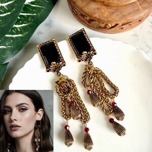 Vintage Style Rope Chain Black Stone Earrings Baroque Art Deco Ornate Gold NEW